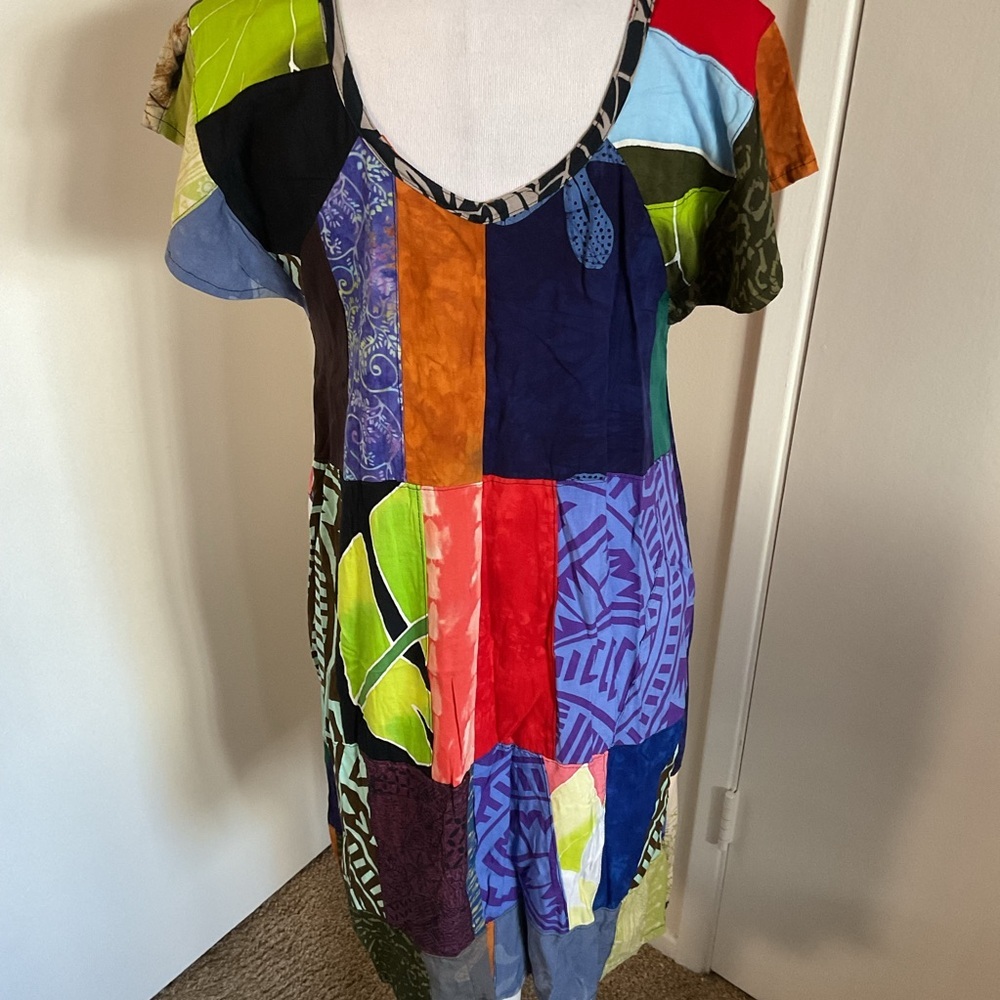 Peaceful People Multicolor Patchwork Rayon Resort Sundress S M Beach Cover Up - Picture 6 of 7